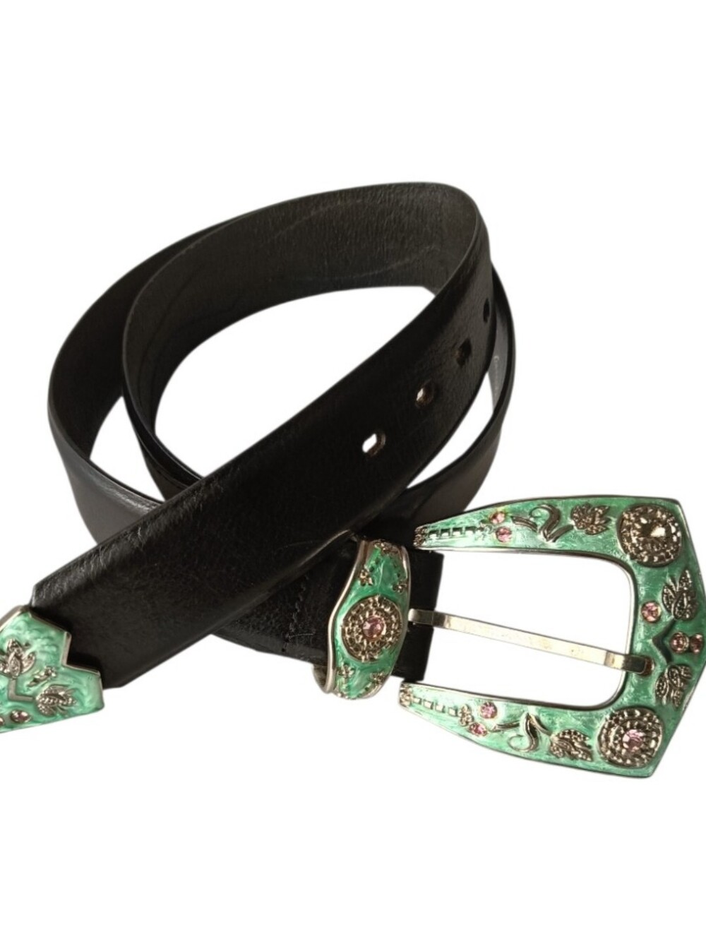 M💚Western Black Leather Belt with Mint Green Embellished Buckle